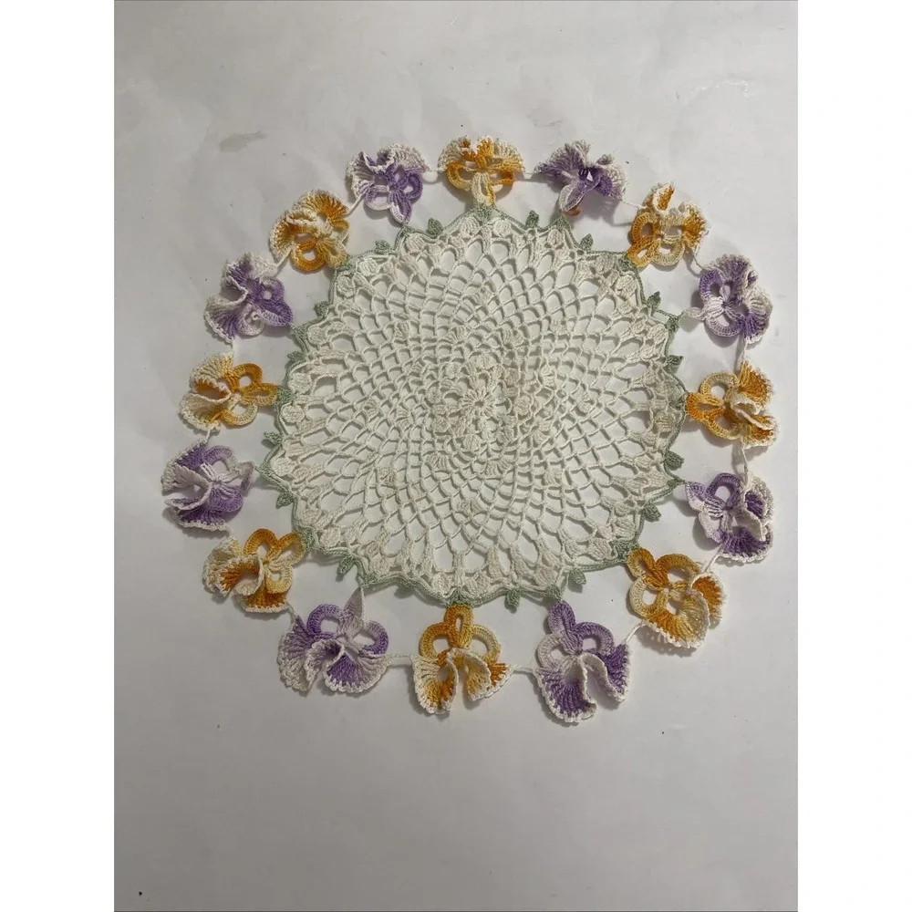 Vintage Pansy Crochet Doily Coaster Purple & Orange‎ Flowers Grandma Core Home